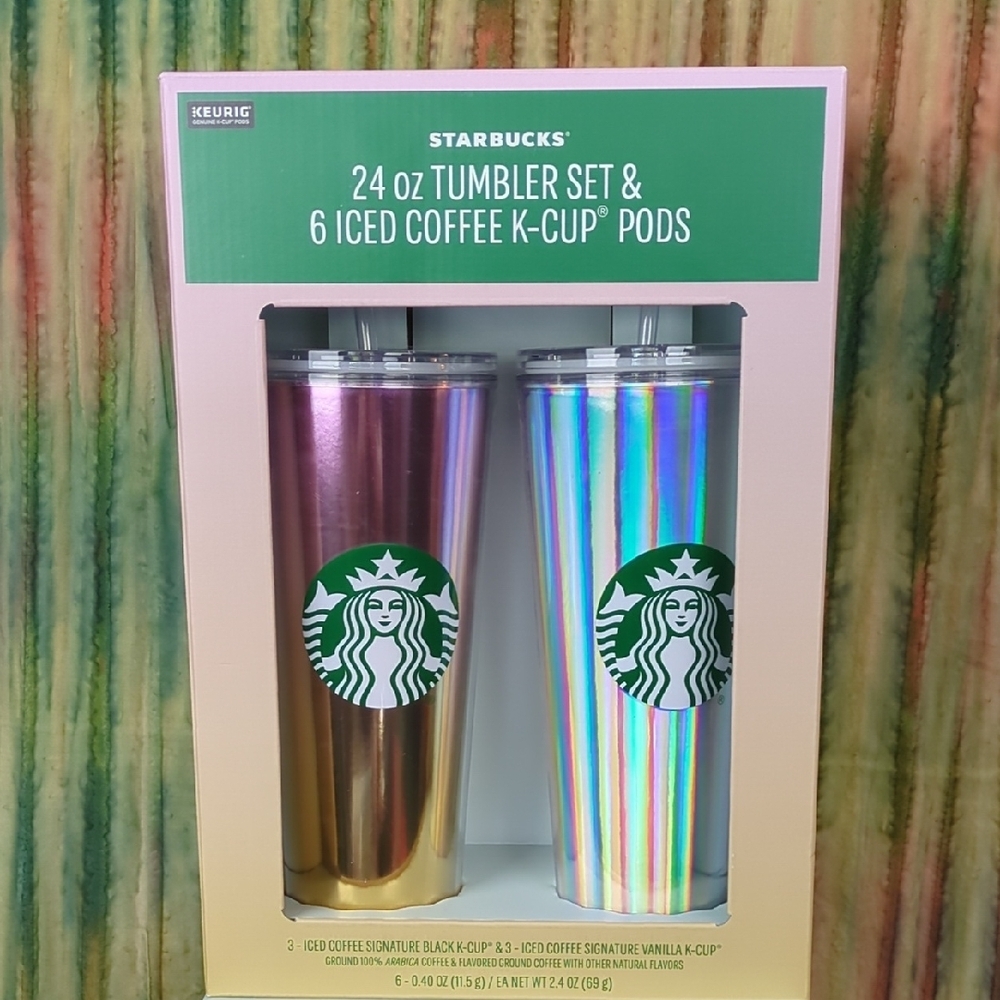 Starbucks 24 oz Tumbler Set & 6 Iced Coffee K-Cup Pods In Pink Tones
